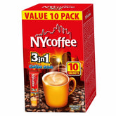 The packaging of "NY Coffee - 3in1 Instant Coffee (10 Sachets) - 140g" satisfies coffee cravings with a value pack, featuring an inviting image of a steaming coffee cup atop a bed of rich coffee beans.